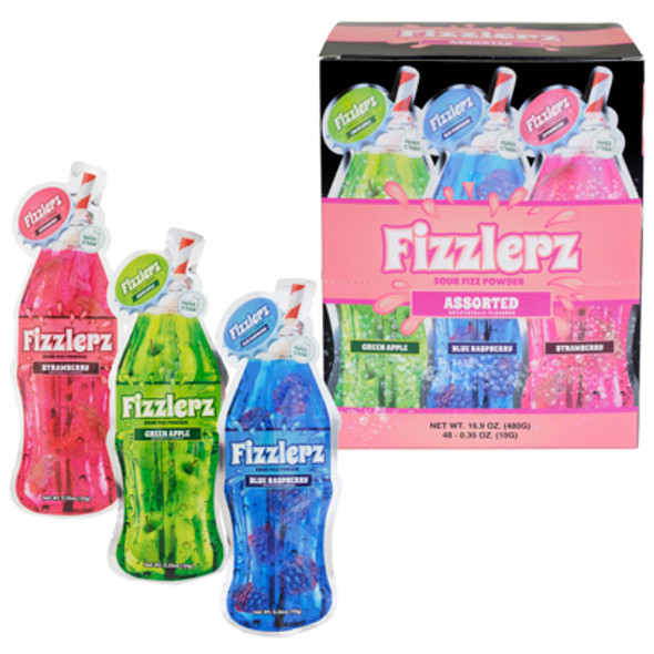 FIZZLERZ SOUR FIZZ POWDER 48-PC .35-OZ 3-ASSORTED FLAVORS COUNTER DISPLAY FIZZLERZ SOUR FIZZ POWDER 48-PC .35-OZ 3-ASSORTED FLAVORS COUNTER DISPLAY
