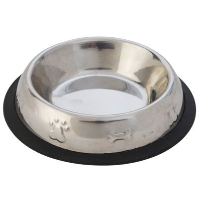 STAINLESS STEEL 8 OZ PET BOWL WITH RUBBER GRIP BASE PAW/BONE DESIGN