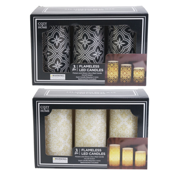 FLAMELESS 3PK WAX LED CANDLE SETS 1 EA 3X4/3X5/3X6 2ASST GOLD/BLK PRINT COLOR BOXED FLAMELESS 3PK WAX LED CANDLE SETS 1 EA 3X4/3X5/3X6 2ASST GOLD/BLK PRINT COLOR BOXED
