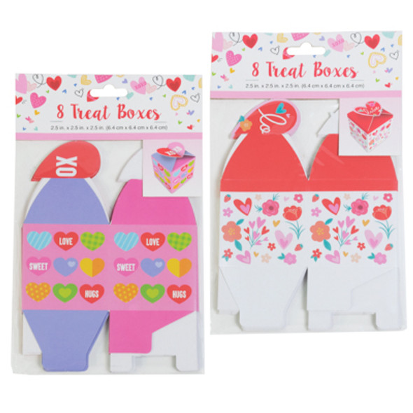 TREAT BOX 8CT MINI VALENTINE 2.5 SQ IN 2ASST ON 12PC DISP STRIP