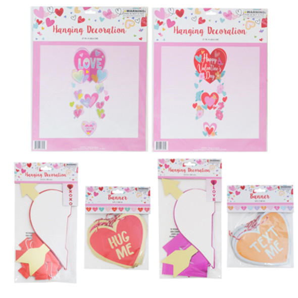 HANGING DECOR VALENTINE 6ASST PAPER/FOIL BANNER/ HONEYCOMB/MOBILE HANGING
