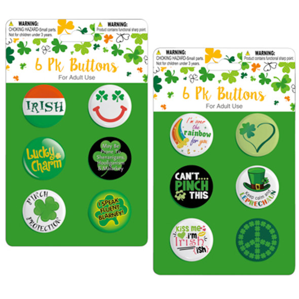 ST PAT BUTTONS 6PK 1.5IN PLASTIC 2 AST DESIGNS PB/INSERT FOR ADULT USE