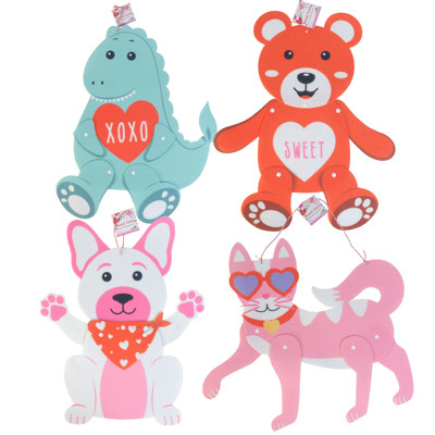 CUTOUT FELT JOINTED VALENTINE FIGURES HANGING DECOR 4 ASST BEAR/DINO/DOG/CAT VAL HT