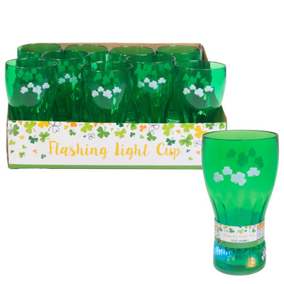 CUP 12OZ FLASHING 3-MODE LED W/SHAMROCK PRINT PLASTIC IN 12PC ST PAT PDQ EA/COLOR LABEL