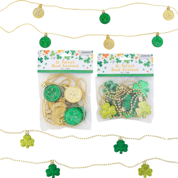 HANGING DECOR ST. PAT BEAD GARLAND W/ 7 COIN OR SHAMROCK ICON DANGLES 5.9FT L 2 ASST ST PAT PBH