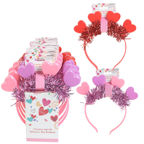 HEADBAND LIGHT UP VALENTINE W/3 FUNCTION LED HEARTS & TINSEL TRIM IN 12PC PDQ