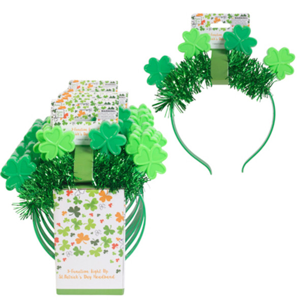 HEADBAND LIGHT UP ST PAT W/3 FUNCTION LED SHAMROCK & TINSEL TRIM IN 12PC PDQ HEADBAND LIGHT UP ST PAT W/3 FUNCTION LED SHAMROCK & TINSEL TRIM IN 12PC PDQ