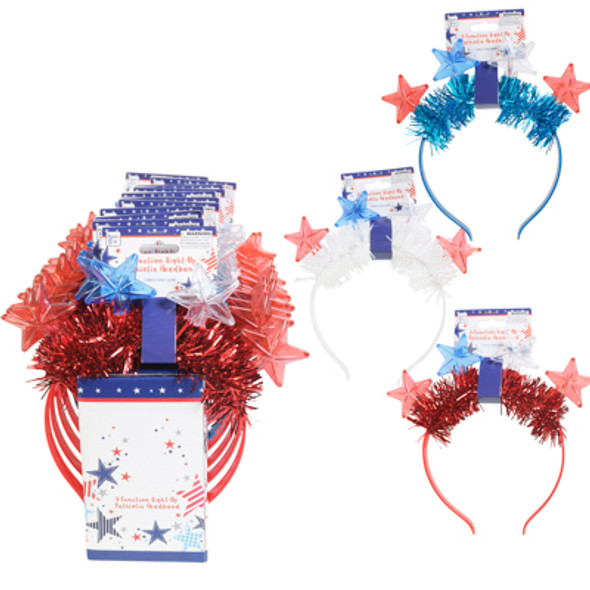 PATRIOTIC LIGHT UP STAR HEADBAND W/TINSEL TRIM 3 FUNCTION LED ON 12PC PDQ 3ASST COLOR