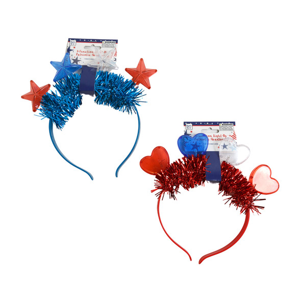 HEADBAND PATRIOTIC 2ASST LIGHT UP STAR OR HEART W/TINSEL TRIM 3 FUNCTION LED IN 12PC PDQ