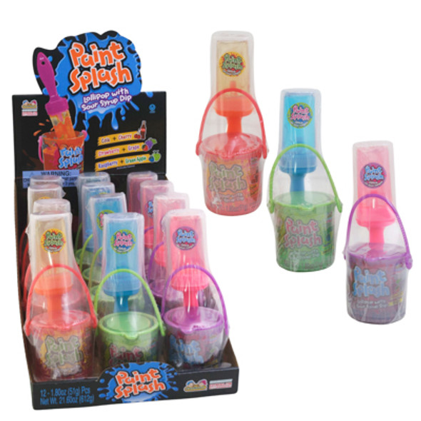 PAINT SPLASH LOLLIPOP W/SOUR SYRUP DIP 3-ASSORTED FLAVORS 1.80-OZ COUNTER DISPLAY PAINT SPLASH LOLLIPOP W/SOUR SYRUP DIP 3-ASSORTED FLAVORS 1.80-OZ COUNTER DISPLAY