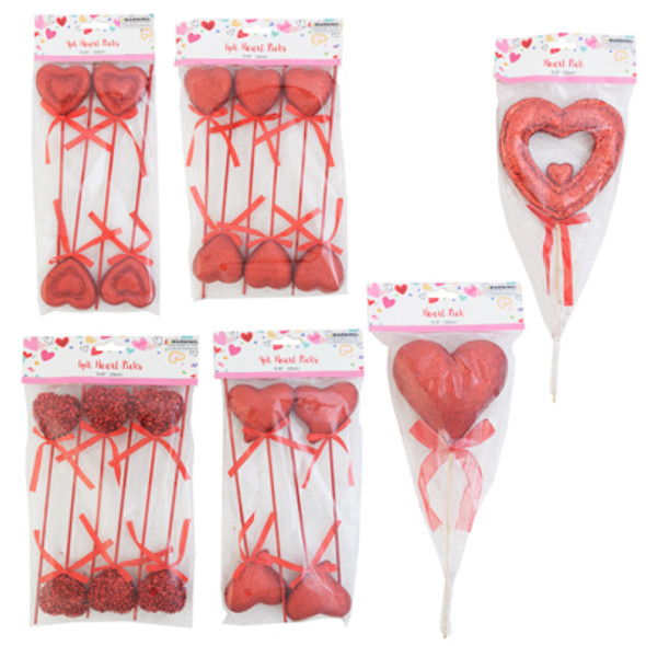 PICKS VALENTINE GLITTER FOAM HEARTS RED 6 ASST - SINGLE/ 4PK/6PK PBH-100% PP