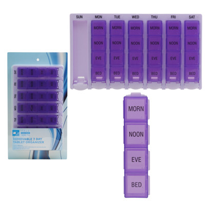PILL ORGANIZER WEEKLY 4 TIMES A DAY EA DAY REMOVABLE HBA SLIDE CARD *13.79*