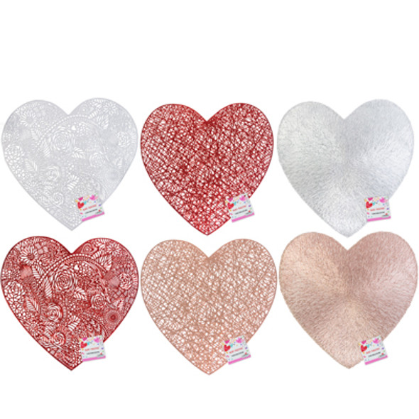 PLACEMAT HEART SHAPE PVC 3 STYLES/ 2 COLOR EA RED/SLV/ROSE GOLD EA W/HT PLACEMAT HEART SHAPE PVC 3 STYLES/ 2 COLOR EA RED/SLV/ROSE GOLD EA W/HT