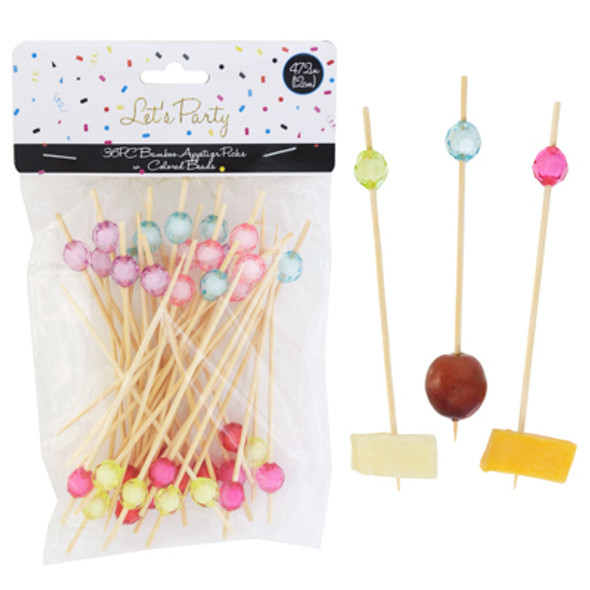BAMBOO SKEWERS 36PC PARTY PICK 4.72IN W/COLORED BEADS 12PC MDSG STRIP BAMBOO SKEWERS 36PC PARTY PICK 4.72IN W/COLORED BEADS 12PC MDSG STRIP
