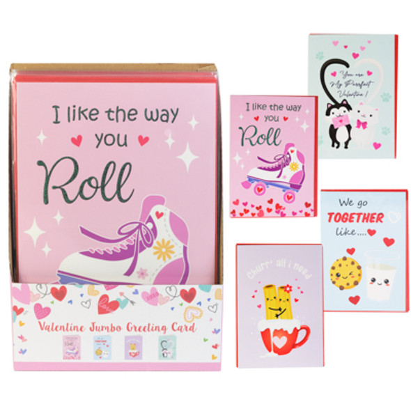 VALENTINE JUMBO GREETING CARD 8.5 X 12.25IN 4 ASST / 24PC PDQ VAL LABEL / SHRINK