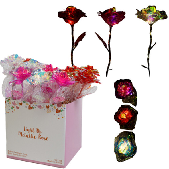 ROSE LIGHT UP METALLIC IRRID PLASTIC 3AST IN PDQ 10IN H 2/LR44 BATTERY INC