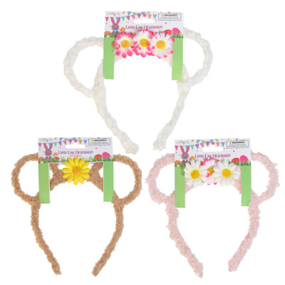HEADBAND LAMB EAR W/ FLOWERS ACCENT 3 ASST COLORS / BARBELL HEADER CARD