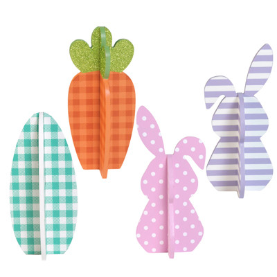 EASTER 3D TABLE DECOR 4 AST MDF 2 RABBITS/ EGG/ CARROT EASY PEEL LABEL