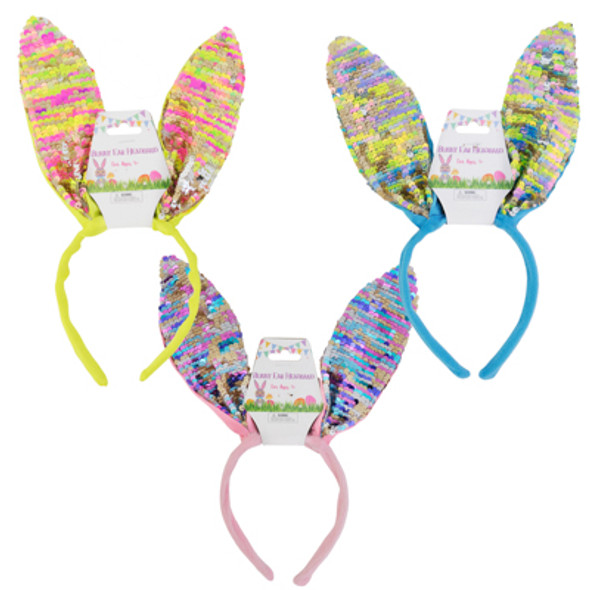 BUNNY EAR HEADBAND 3 AST SEQUIN FRONT / SATIN BACK EARS / HEADER