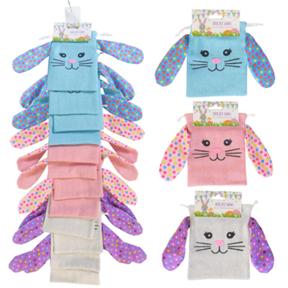 TREAT BAG FABRIC W/ BUNNY FACE & FLOPPY EARS 3AST 6.5 X 5 IN /12PC MDSG STRIP/PBSLV
