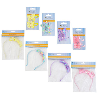 BUTTERFLY HEADBAND / 2PK HAIRCLIP 4 ASST PASTEL COLORS