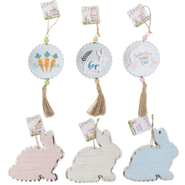 EASTER GALVANIZED WALL PLAQUE BUNNY/ TASSEL BOTTLE CAP ORNAMENT 6 ASST HT