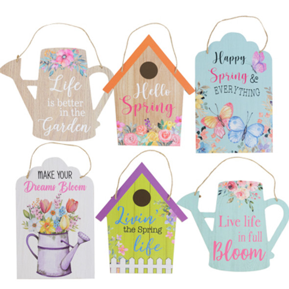 WALL PLAQUE SPRING 6 ASST MDF COMPLY / LABEL INCLUDES BIRDHOUSE/WATERCAN SHAPES WALL PLAQUE SPRING 6 ASST MDF COMPLY / LABEL INCLUDES BIRDHOUSE/WATERCAN SHAPES