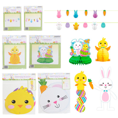 EASTER PAPER DECOR 6 ASST - JOINTED CUTOUTS/ 72IN BANNER/ HONEYCOMB CENTER PIECE PB/INS