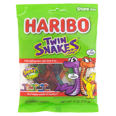 HARIBO TWIN SNAKES GUMMI CANDY 4 OZ PEG BAG