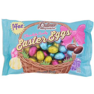 EASTER EGGS CHOCOLATE FLAVOR 14 OZ BAG IN COUNTER DISPLAY