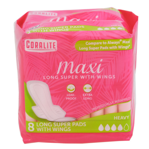 MAXI PADS 8CT LONG SUPER W/WINGS HEAVY CORALITE