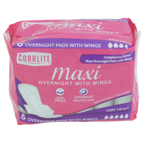 MAXI PADS 6CT OVERNIGHT W/WINGS VERY HEAVY CORALITE MAXI PADS 6CT OVERNIGHT W/WINGS VERY HEAVY CORALITE