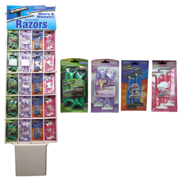 RAZORS 4PK TRIPLE BLADE MENS/WOMENS 100PC FLOOR DISPLAY XTRACARE 4ASSORTED