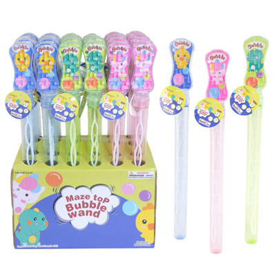 BUBBLE WAND W/MAZE TOP 3 ASST COLORS 15.3IN IN 24PC PDQ-UNICORN/DINO/CHICK