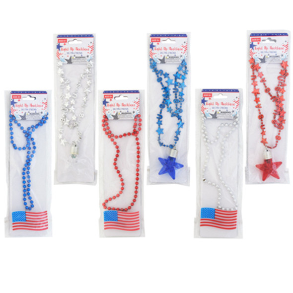 NECKLACE PATRIOTIC LIGHT UP FLAG OR STAR PENDANT ON BEAD OR STAR CHAIN 6 ASST PB/ INSERT W/HDR