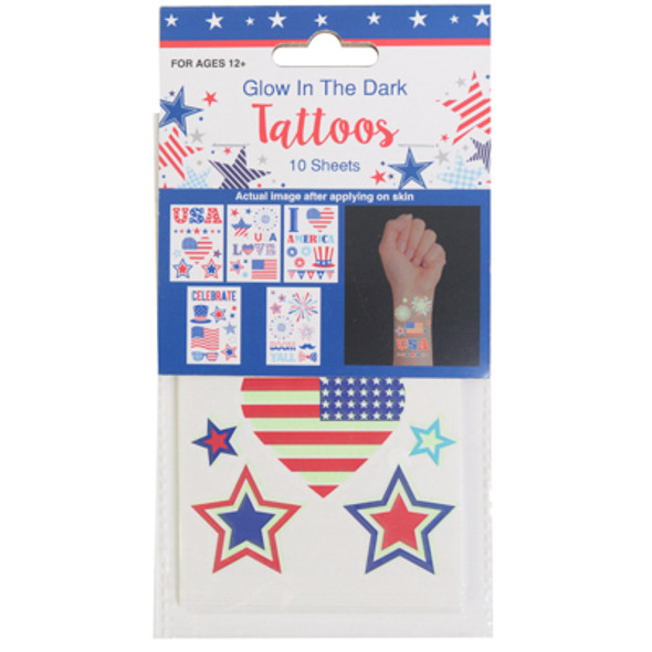 TATTOOS PATRIOTIC GLOW IN DARK 10 SHEETS 4.3 X 2.95IN ON 24PC DISP STRIP