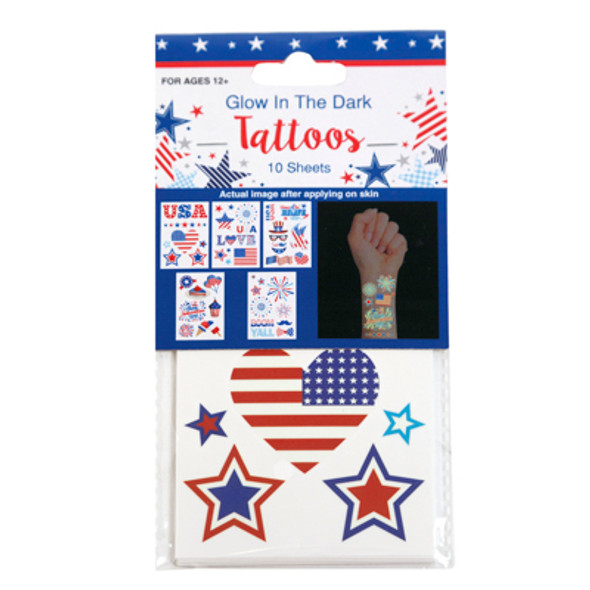 TATTOOS PATRIOTIC GLOW IN DARK 10 SHEETS 4.3 X 2.95IN ON 24PC DISP STRIP