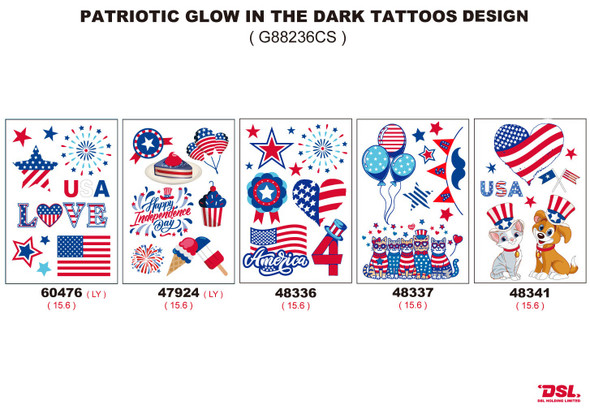 TATTOOS PATRIOTIC GLOW IN DARK 10 SHEETS 4.3 X 2.95IN ON 24PC DISP STRIP