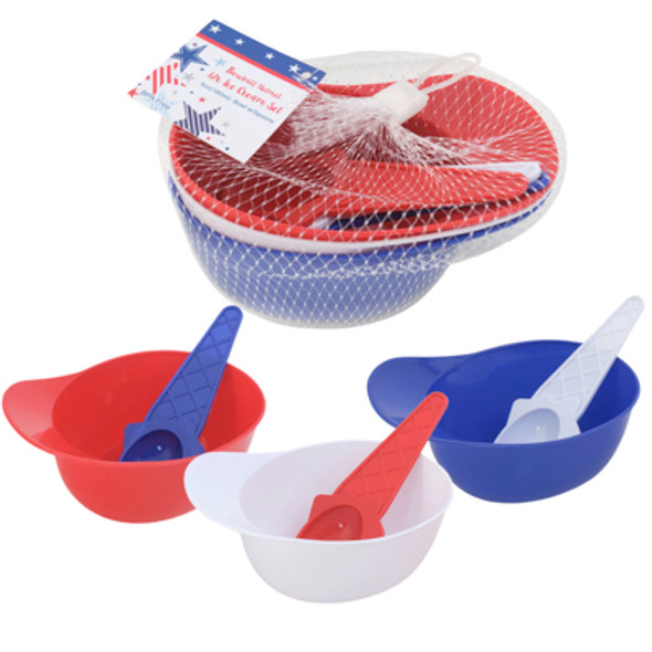 BASEBALL HELMET ICE CREAM BOWL & SPOON 6PC SET RED/ WHITE/ BLUE MESH BAG W/ HT