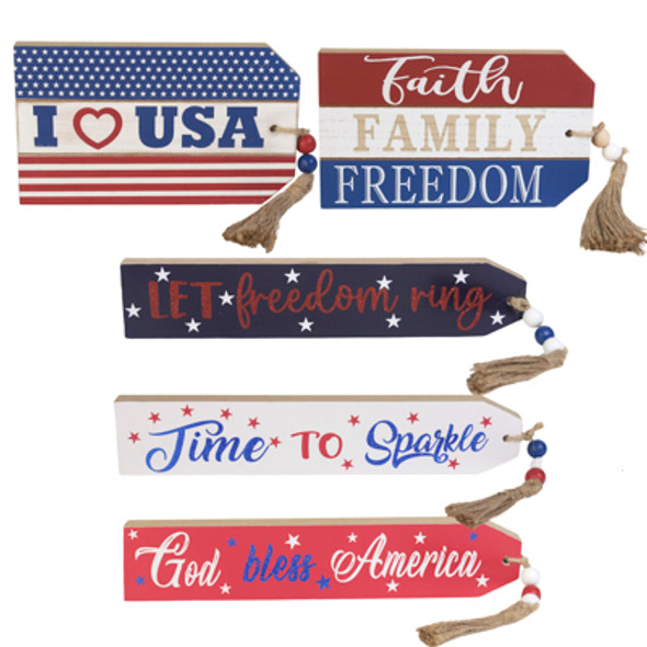 PATRIOTIC TABLETOP MDF DECOR W/ BEADED TASSEL 5 ASST