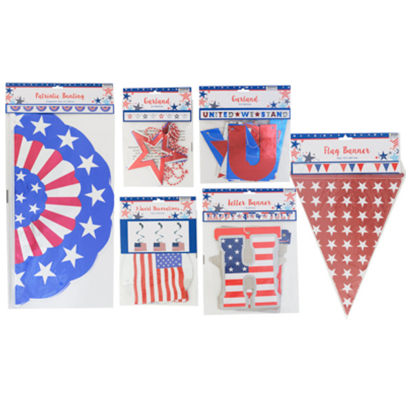 PATRIOTIC PARTY DECOR 6 ASST BANNER/ GARLAND/ SWIRL/ BUNT/ PBH