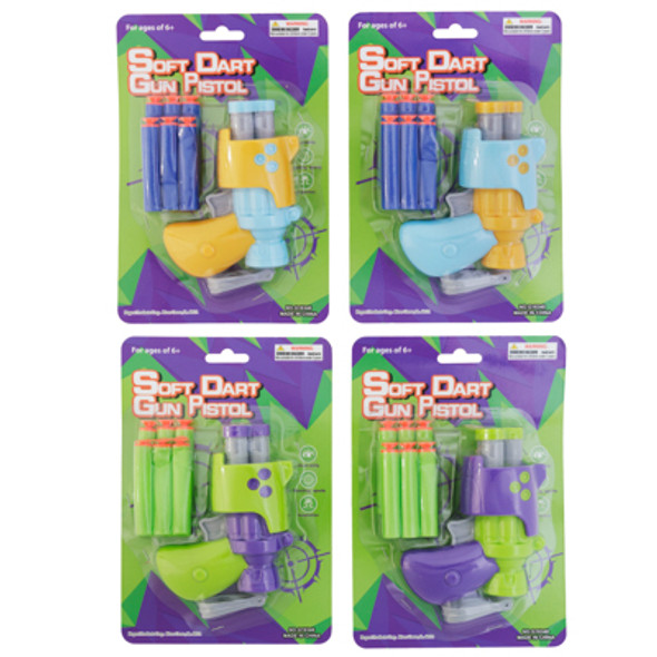 SOFT DART GUN PISTOL STYLE 2-TONE W/ 6 BULLET DARTS 2 ASST EA ON BLC