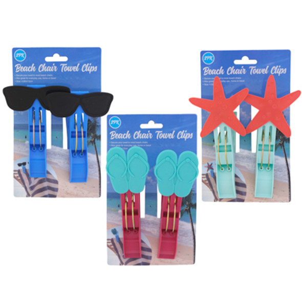 BEACH CHAIR NOVELTY TOWEL CLIPS 2 PK 3 ASST SHADES/FLIP-FLOPS/STARFISH