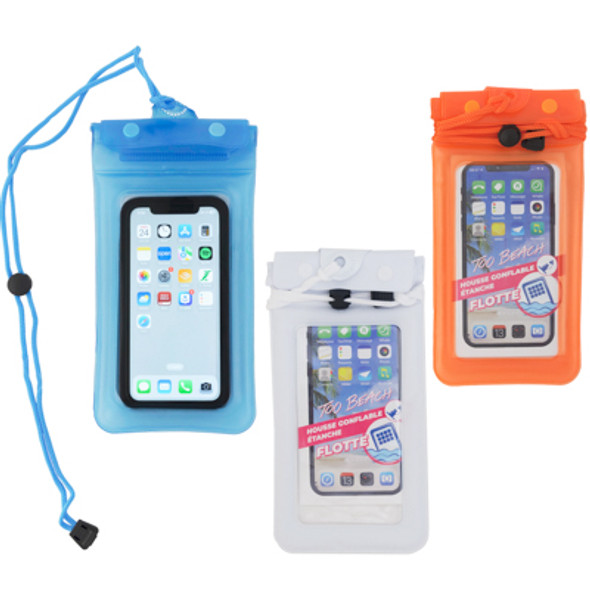 INFLATABLE CELL PHONE POUCH WATERPROOF FLOATING CASE W/LANYARD ASST COLORS 4.5X9