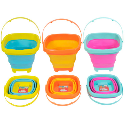 COLLAPSIBLE BUCKET SQUARE 8.3 X 7.7 X 5.9 3 ASST 2-TONE COLORS FOR BEACH OR HOME COLOR LABEL