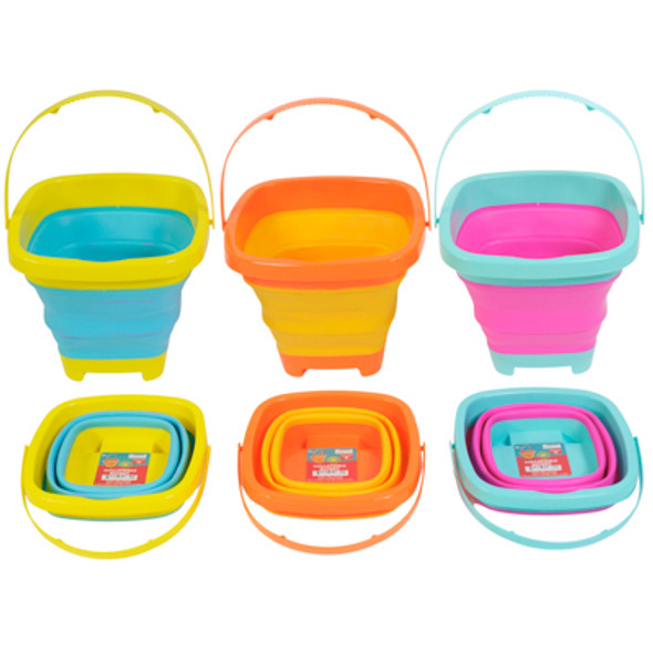COLLAPSIBLE BUCKET SQUARE 8.3 X 7.7 X 5.9 3 ASST 2-TONE COLORS FOR BEACH OR HOME COLOR LABEL