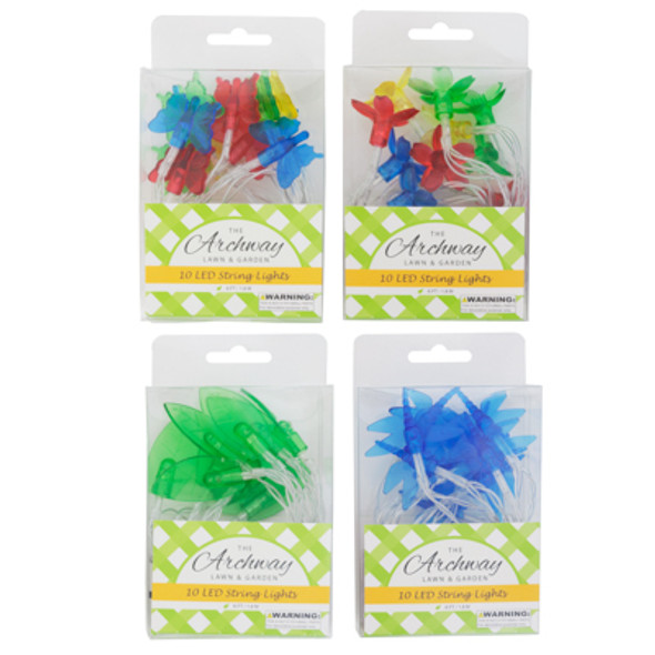 GARDEN STRING LIGHTS 10 LED 6FT L 4 ASST LEAF/ DRAGONFLY/FLOWER/ BUTTERFLY PVC BOX/ 2 AA BATT/ NOT INC