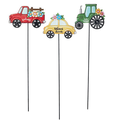 GARDEN YARD STAKE METAL 3 ASST VEHICLES 24IN STOCKLOT UPC LAB