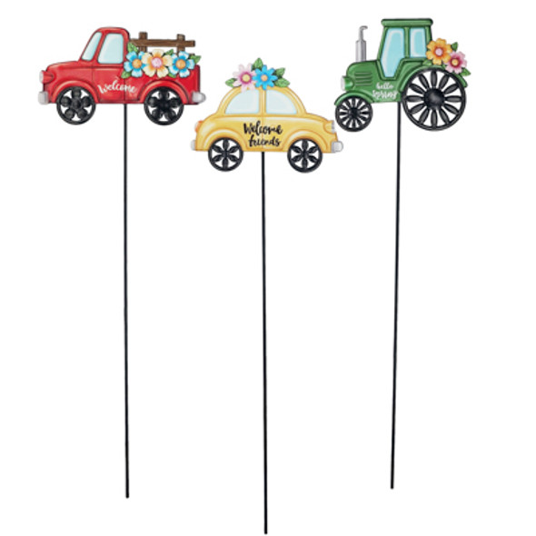 GARDEN YARD STAKE METAL 3 ASST VEHICLES 24IN STOCKLOT UPC LAB