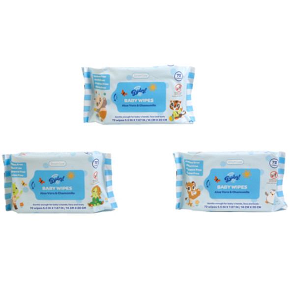 BABY WIPES 72CT ASSORTED ALOE VERA & CHAMOMILE SMART CARE UNIVERSAL BABY 24PC PDQ BABY WIPES 72CT ASSORTED ALOE VERA & CHAMOMILE SMART CARE UNIVERSAL BABY 24PC PDQ